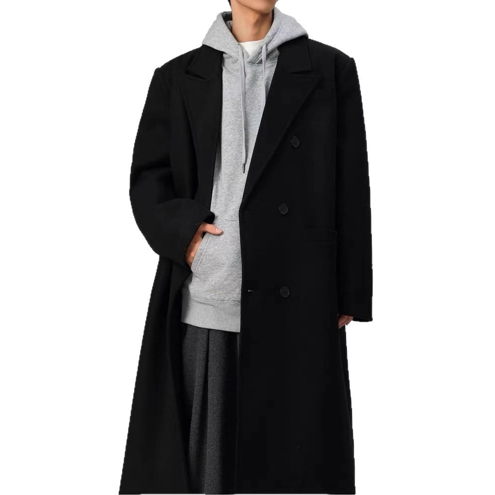 Trendy Men's Three-Button Mid-Length Wool Trench Coat with Padded Shoulders