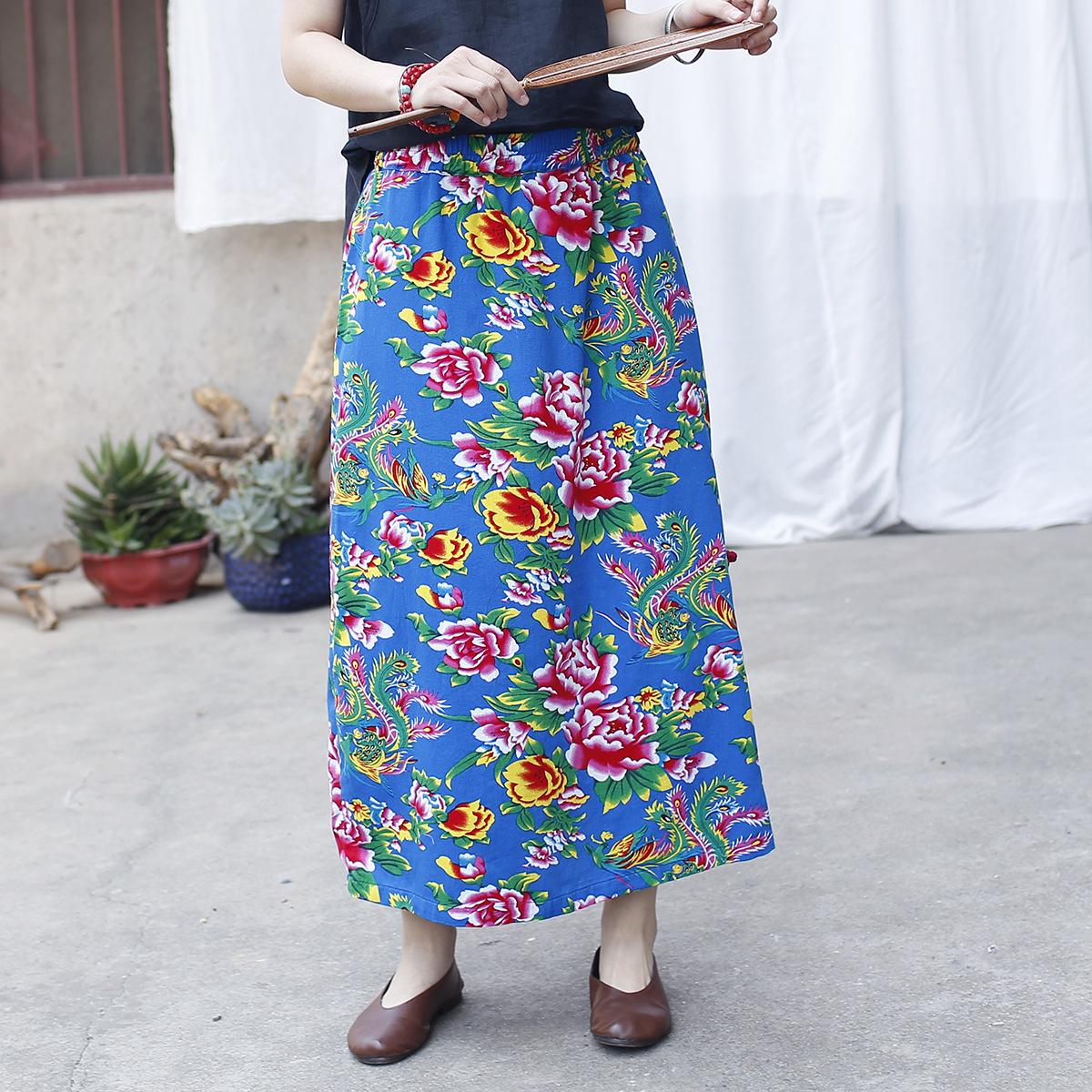 

Johnature Vintage Blue Floral Skirts Elastic Waist Summer Chinese Style Female Button Skirts One Size
