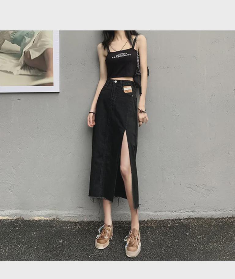Black High Waist A-Line Denim Skirt with Side Slit - Trendy Summer Fashion for Women
