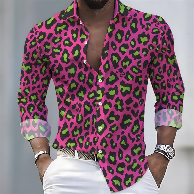 Men's Leopard Print Shirt Long Sleeve 3D Animal Pattern Button Down Spring Autumn Streetwear Tops
