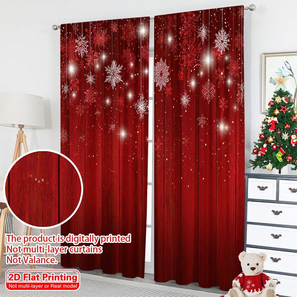 2D flat printing 2pcs Happy Christmas Scene Curtains Red Snowflakes Festive Christmas scopic and stylish 100% polyester fiber