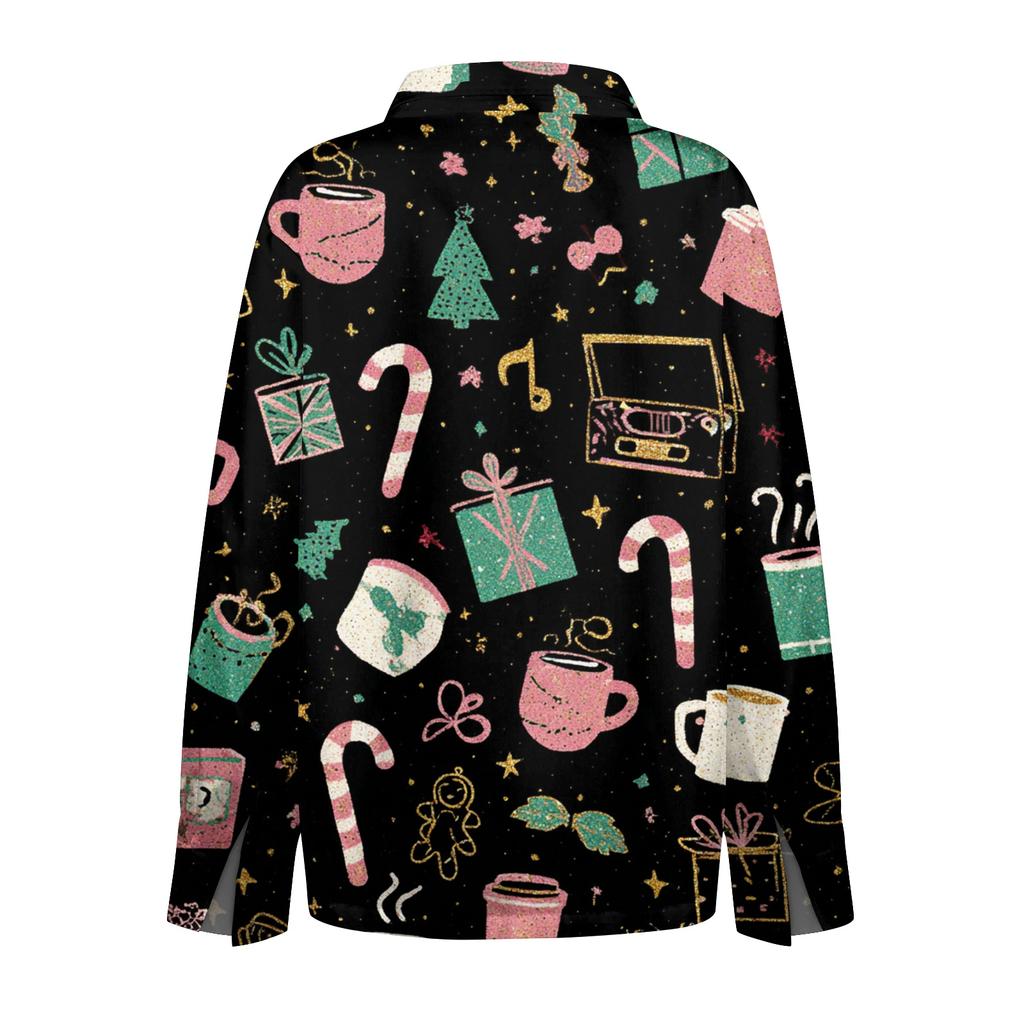 Women's Christmas Print Casual Half-Open Collar Long Sleeve Shirt