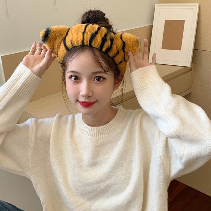 Cat Ears Headband For Women Tiger Pattern Makeup Wash Hairband Girls Plush Pure Elastic Hair Turban Head Bands Hair Accessories