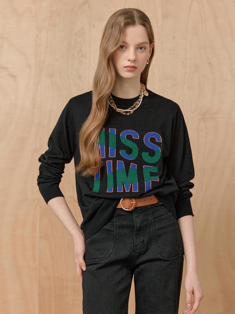 MAXZA Vivid Lettering Wool Blend Round Neck Knit