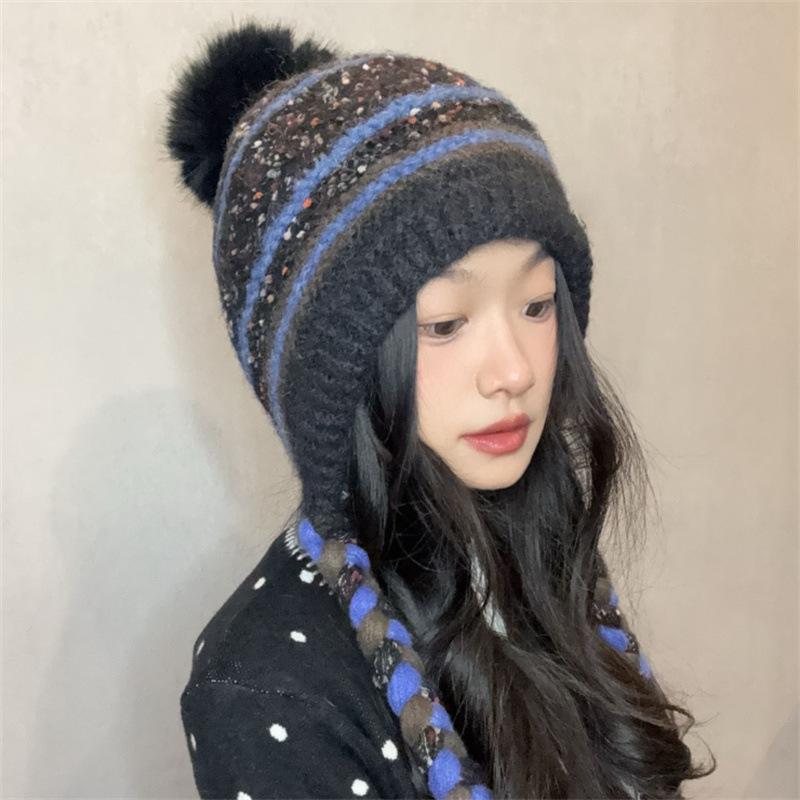 Color Matching Knitted Braided Ear Protection Warm Lei Feng Hat Women's Winter New Big Head Circumference Wool Hat Tide