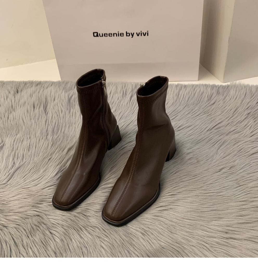 White High Heel Square Head Skinny French Small Leather Boots Women's Shoes 2024 New Spring and Autumn Single Boots Brown Martin Boots