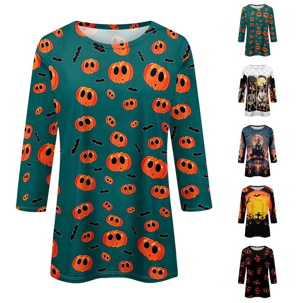 Women's Halloween Print Round Neck Three-Quarter Sleeve Blouse Top for Fall Parties