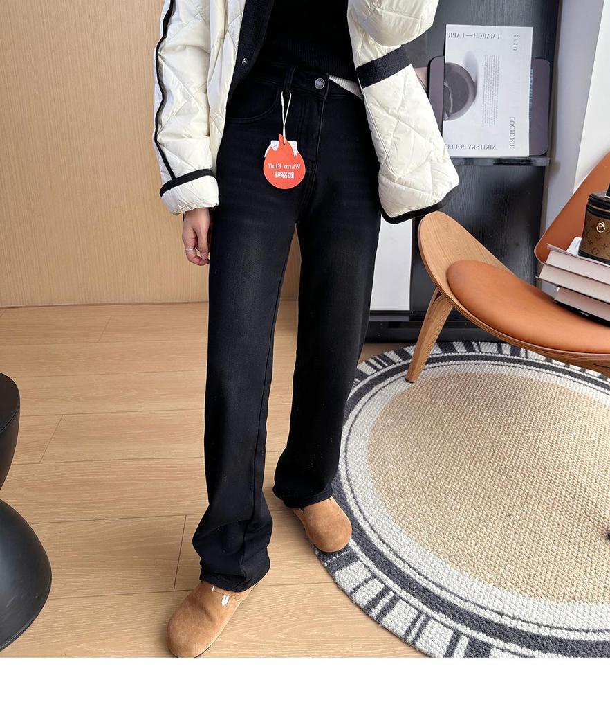 S35 Women's High-Waisted Slimming Wide-Leg Fleece Denim Pants - Black-Gray.