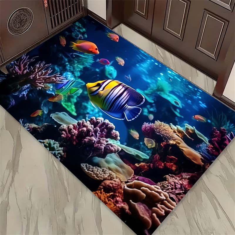 Ocean Life Print Doormat, Non-Slip Entrance Floor Mat with Sea Turtle, Dolphin & Octopus Design, Indoor Rug for Sea Lovers