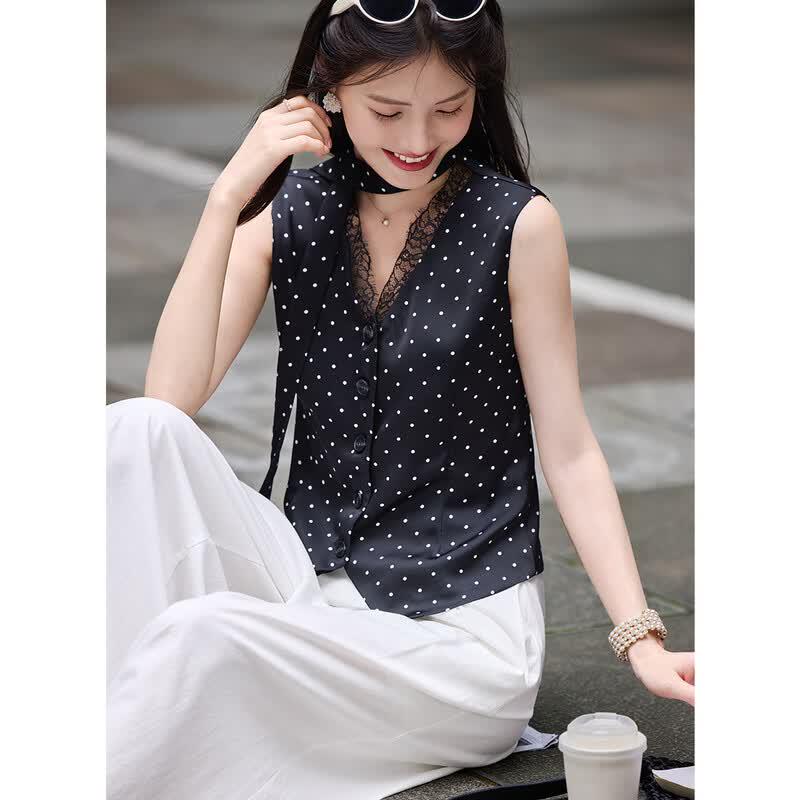 TERRE BLEUE Women's Sleeveless Polka Dot Shirt & Casual Pants Two-Piece Set