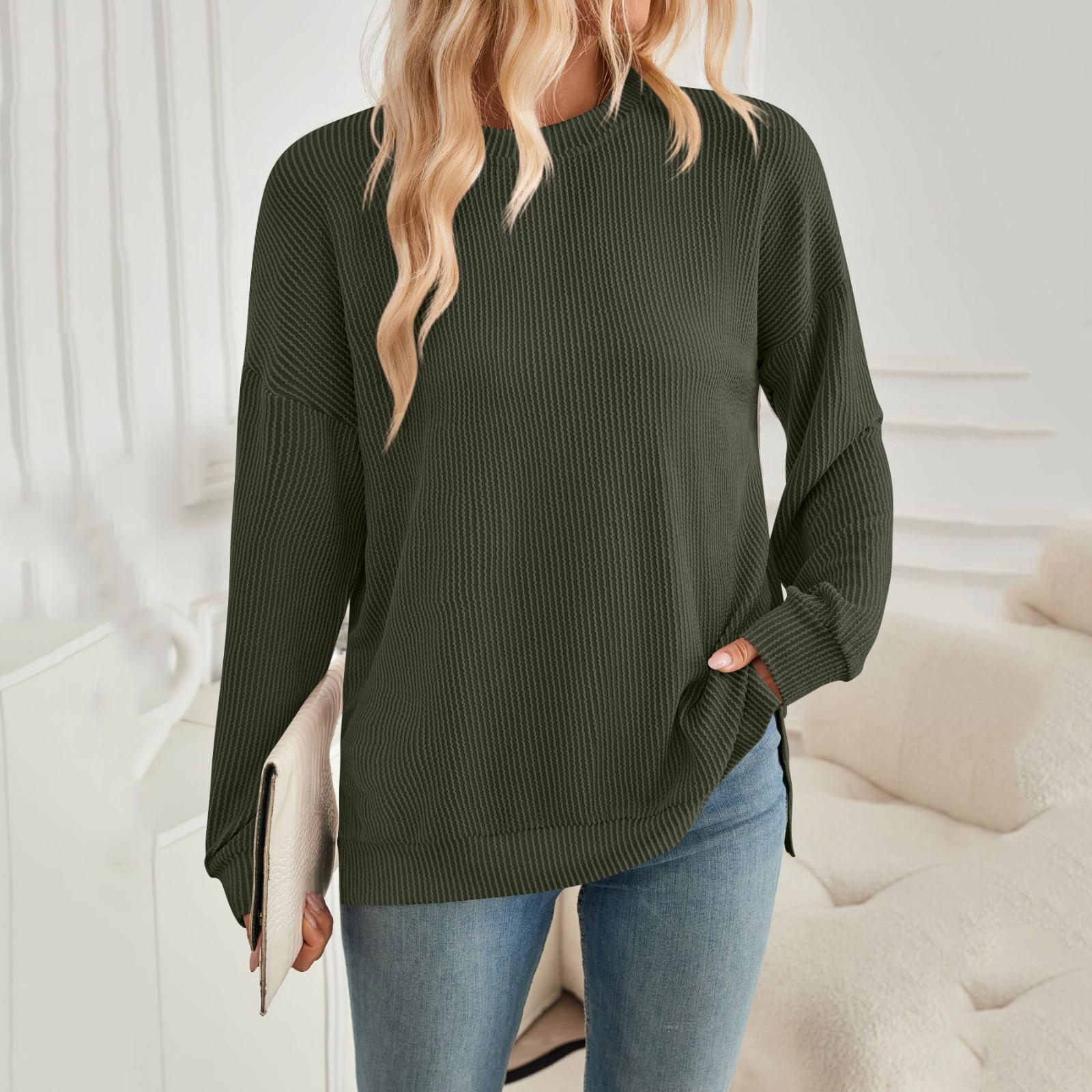 Женская мода круглый вырез в полоску с разрезом длинный рукав свободный свитшот топ — фото 13