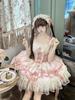 Jundakara Lolita Cosplay Costume JSK Dress with and French Mori Princess Korean Size L 3-Piece Set, Ribbon, Ruffles, Lace-Up Detail, Cute, Dreamy,