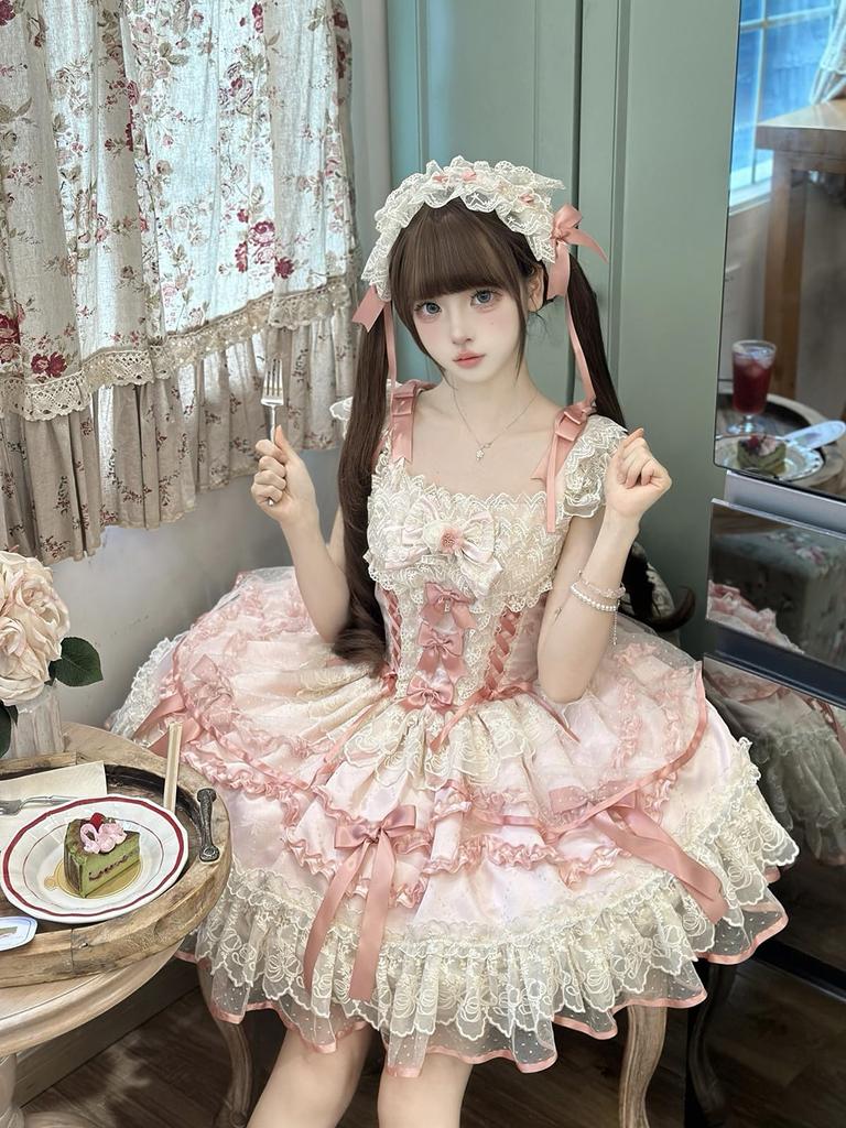 Jundakara Lolita Cosplay Costume JSK Dress with and French Mori Princess Korean Size L 3-Piece Set, Ribbon, Ruffles, Lace-Up Detail, Cute, Dreamy,