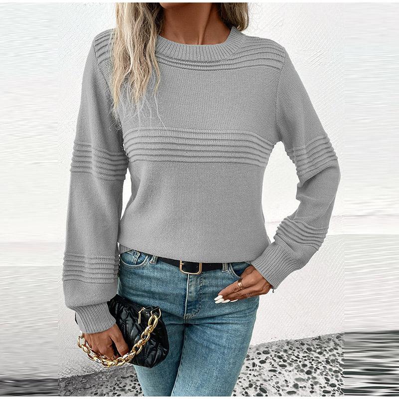 Autumn Casual Top Multi-Color Crew Neck Long Sleeve Jacquard Solid Color Women Sweater