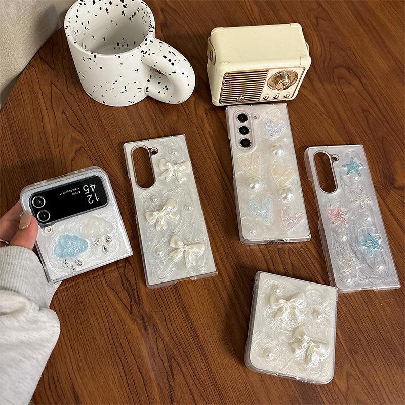 For Samsung Zflip6 Phone Case Bow Pearl Flip Folding Screen Ins Style Women's New Fold5 Rhinestone