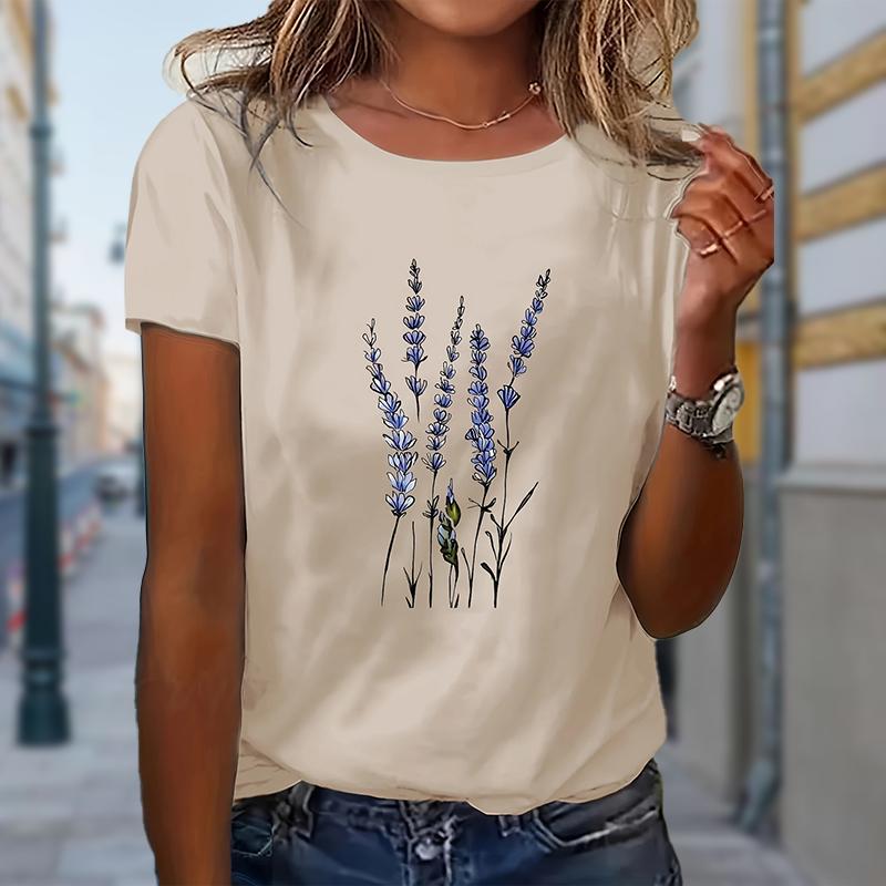 

Женская летняя футболка с лавандовым принтом в стиле ретро, модная, с коротким рукавом, повседневная, с принтом, топы L бежевый
