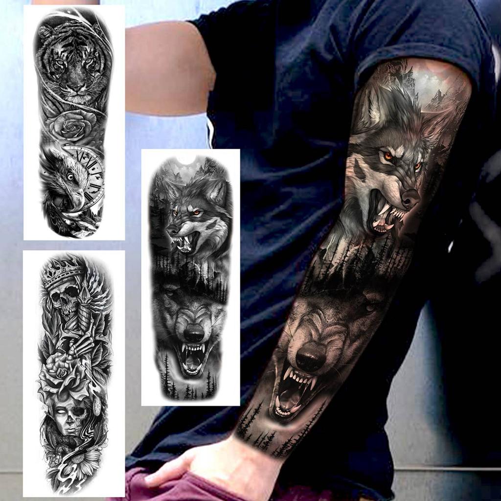 1 Foglio Tatuaggi Temporanei Totem Leone Tigre Lupo Braccio Intero Per Uomo Donna Adulto Manica Finta Tatuaggi Taglia Grande Adesivo Trasferibile