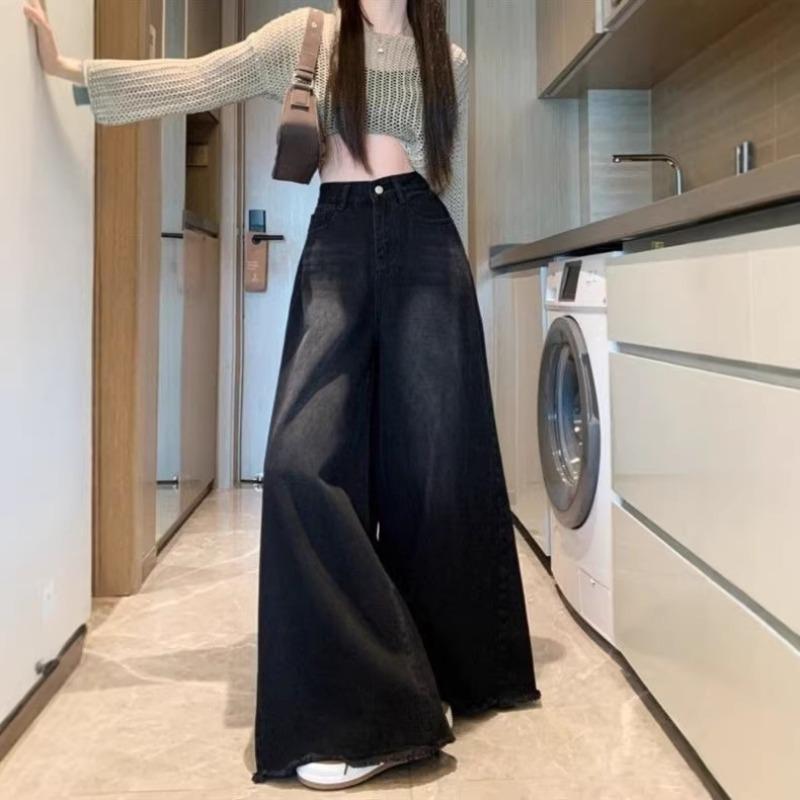 [New Casual Versatile Black Large Trousers Loose Rough Edge Wide Leg Jeans Women's Wide Leg Pants