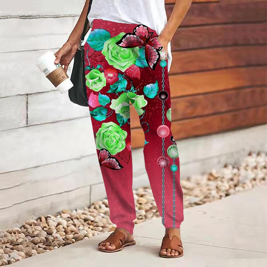 Women Flower Printing Pants Lace Up Elastic Waist Loose  Trousers Casual Long Pants Trousers with Pockets