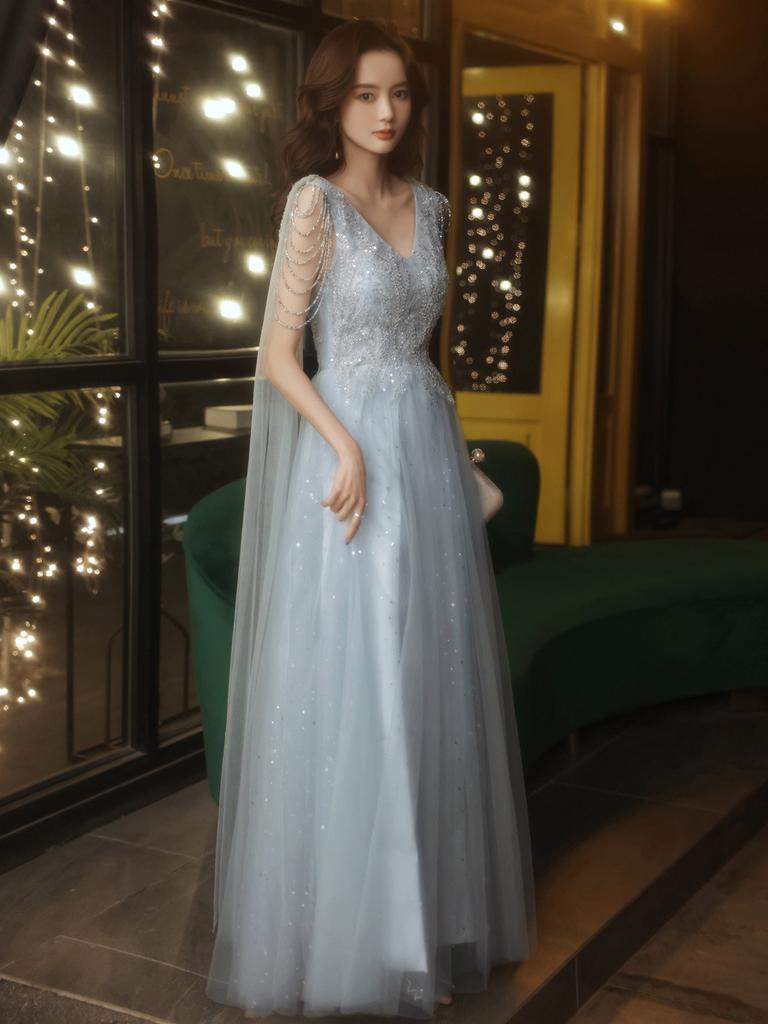 Toast clothes Bridal engagement evening dress Women's 1011 new art test light luxury long khaki V-neck bead dress