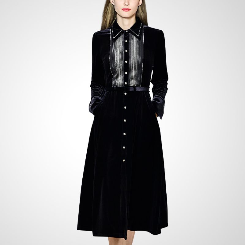 

Классический стиль Осеннее приталенное нарядное платье с длинным рукавом Black S