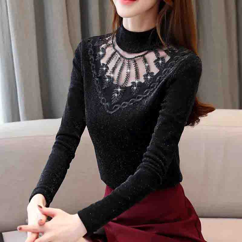 Spring Summer Lace Shirt Women's Wild Slim Bottoming Shirt Large Size Half High Collar Thin Diamond Top