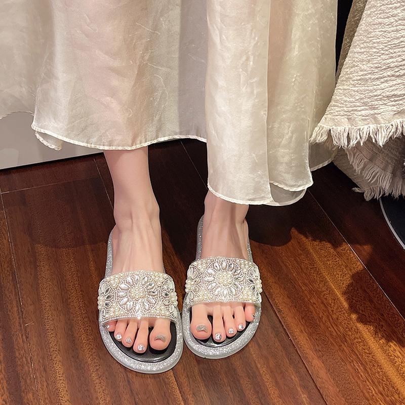 Fashion Pearl Crystal Broadband Soft Sole Anti-slip Wear-resistant Flat Shoes Women Fashion Round Head Light Slippers
