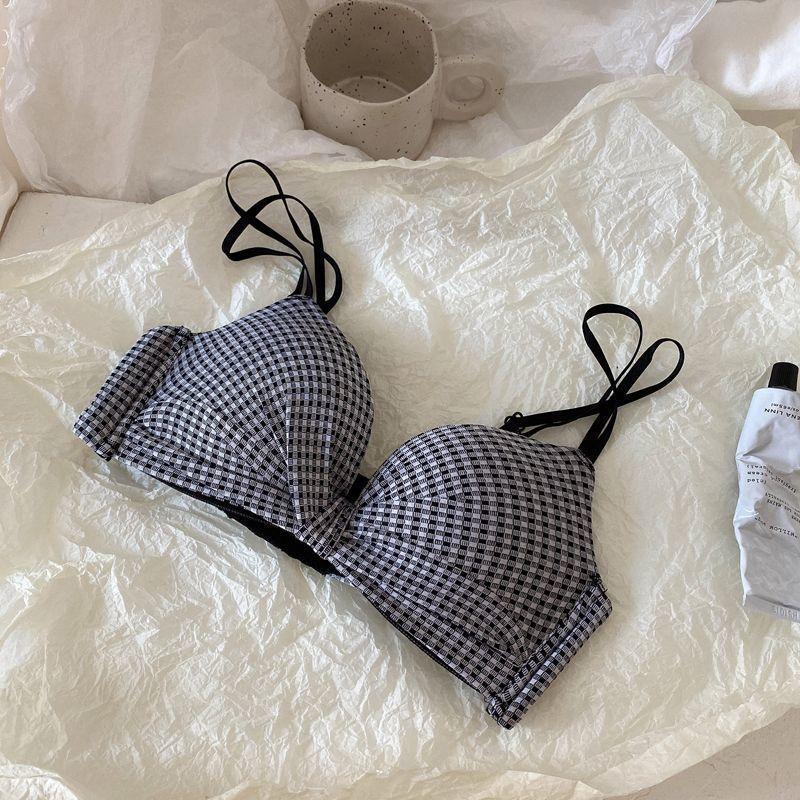 Women Plaid Bras Backless Push Up Underwear Wireless Sexy Design Deep V Brassiere For Lady