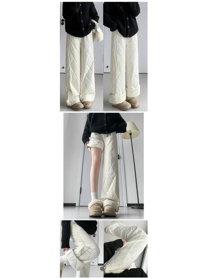 Women's Thick Fleece-Lined Patchwork Wide-Leg Winter Pants