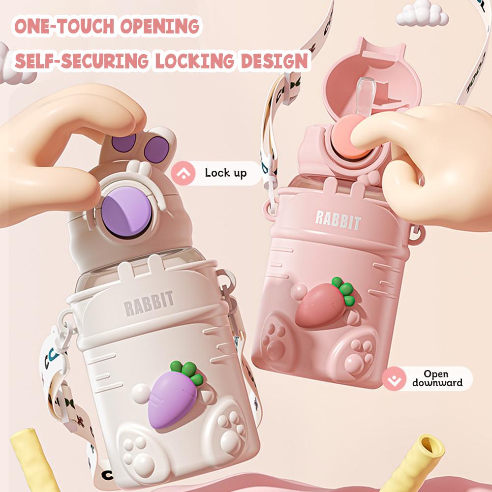 600ML Cartoon Bunny Kids Water Bottle With Straw Children Plastic Cup Lightweight Anti-falling Leakproof Drinking Bottle Drinkware