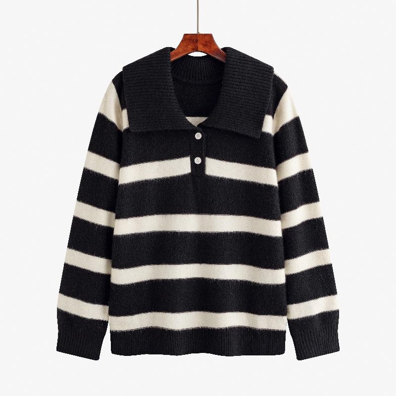 Women's Plus Size Lapel Long Sleeve Striped Shirt Autumn and Winter Loose Knitwear