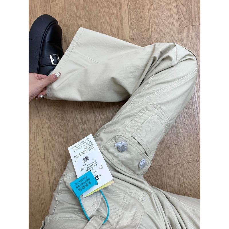 Spice Girl Sand White Versatile Tooling Micro-pull Jeans Women's Spring New Multi-pocket High-waisted Floor-mopping Horn Trousers