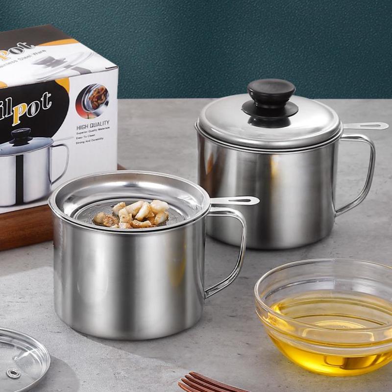 Pot Conteneur Pichet de Rangement en Acier Inoxydable avec Filtre avec Base Pot à Huile de Cuisson pour Outils Ménagers de Cuisine