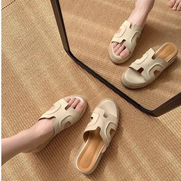 Spot Second Hair! Grape Mother, the Same Shoes Have Increased In Height by 6cm, Retro Word with Thick-soled Slope Heel H Drag Cool Slippers Fo