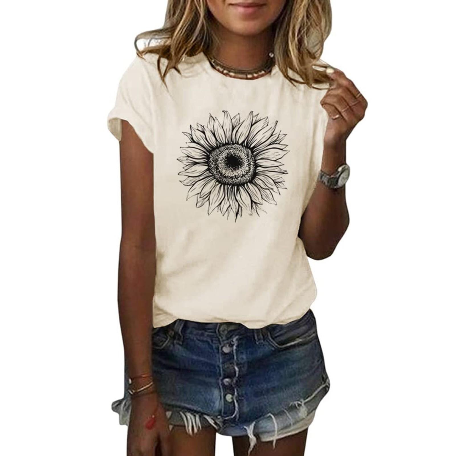 

Женская модная футболка с коротким рукавом и рисунком подсолнуха, свободные летние топы S хаки