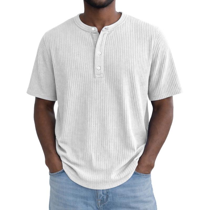 Mens Green Waffle Knit Henley Shirt Short Sleeve Crew Neck Casual Loose Fit Pullover