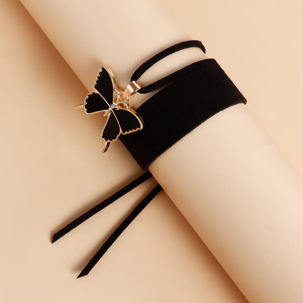 Jewelry Personalized Velvet Rope Black Imitation Fritillary Butterfly Alloy Pendant Necklace Pull Adjustable