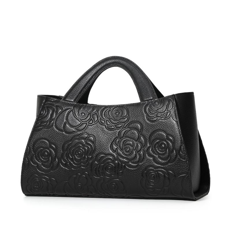 Aidrani Echtleder Damenhandtasche große Kapazität Blumenmuster Umhängetasche weiche Rindsledertasche schwarz