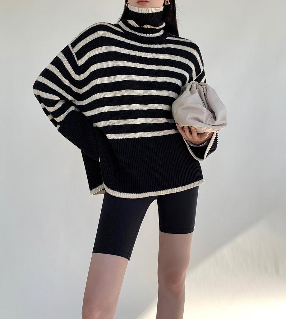 2023 Women's Striped High Neck Loose Knit Sweater with Side Slits