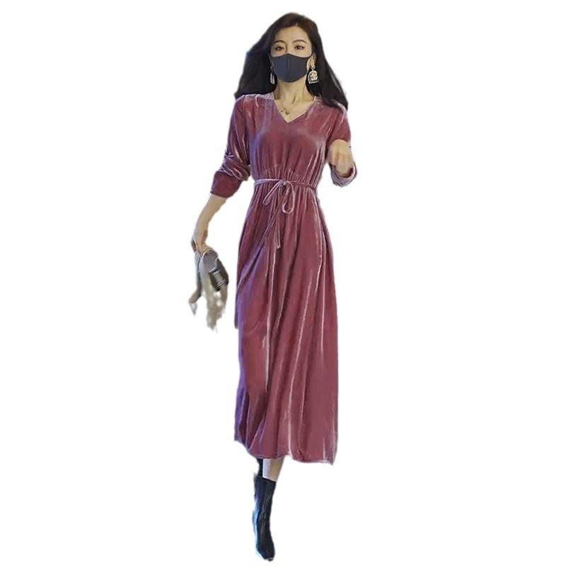2026 autumn loose new golden velvet dress long slim temperament long sleeve large size autumn dress women's long dress children