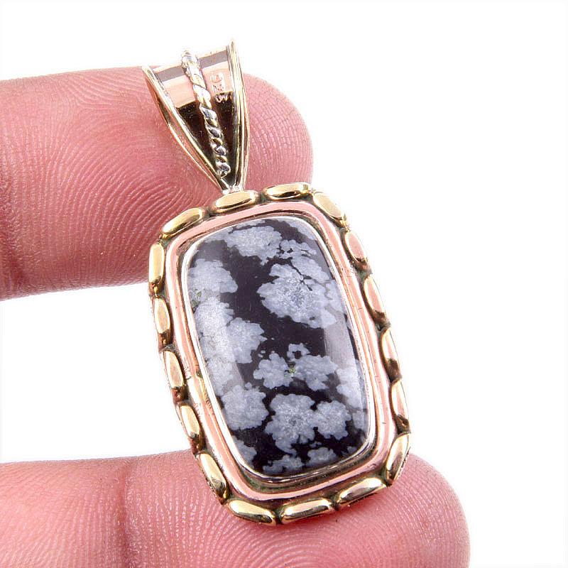

Natural Snowflake Obsidian Gemstone 925 Solid Silver Two Tone Pendant 1.5 q2j28