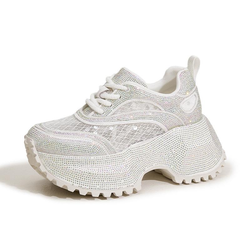 Thick-soled Dad Shoes Women's 2025 Spring and Summer New Full Diamonds Small Inner Height-increasing Women's Shoes Hollow Mesh Breathable Sandals