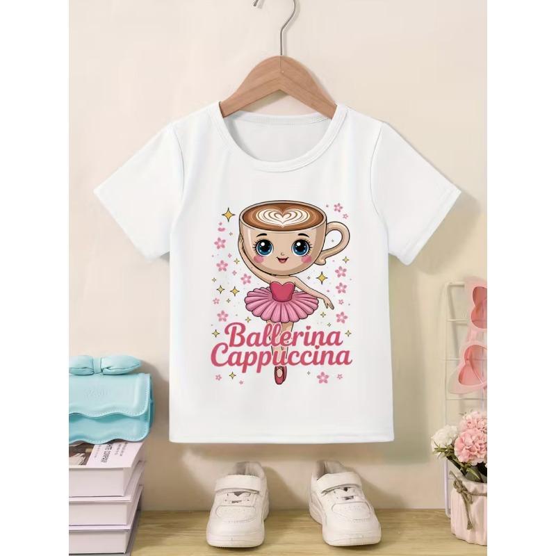 Ballerina Cappuccina Girls T-Shirt Italian Brainrot Funny Child T-Shirts Summer Fashion Short Sleeve Tops for Kids Cute Clothing