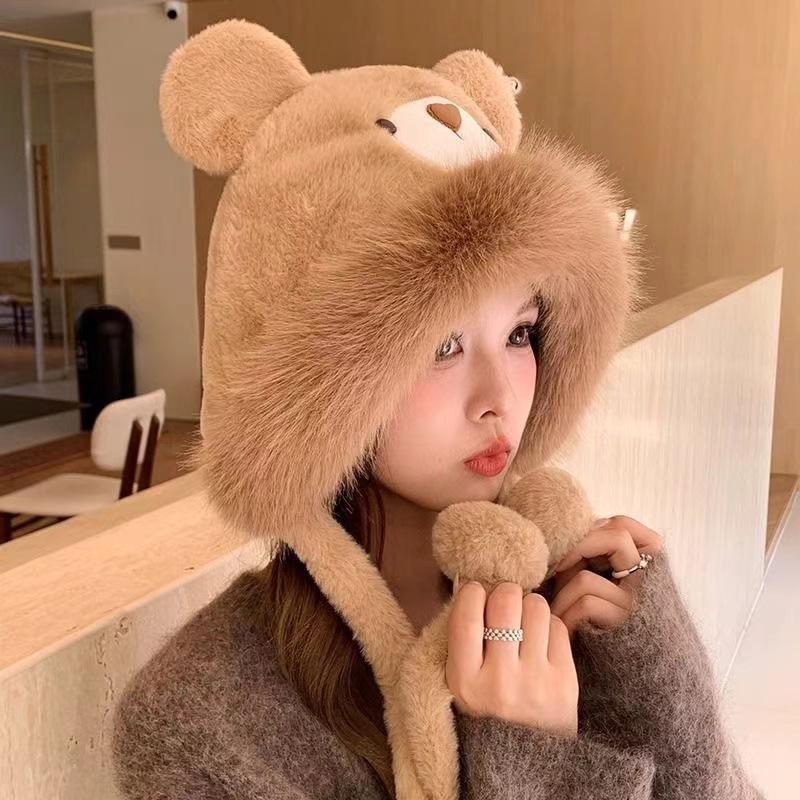 Plush Bear Hat Gloves Women's Autumn and Winter Plush Thickened Thermal Ear Protection Pullover Hat Cute Lei Feng Hat Cycling