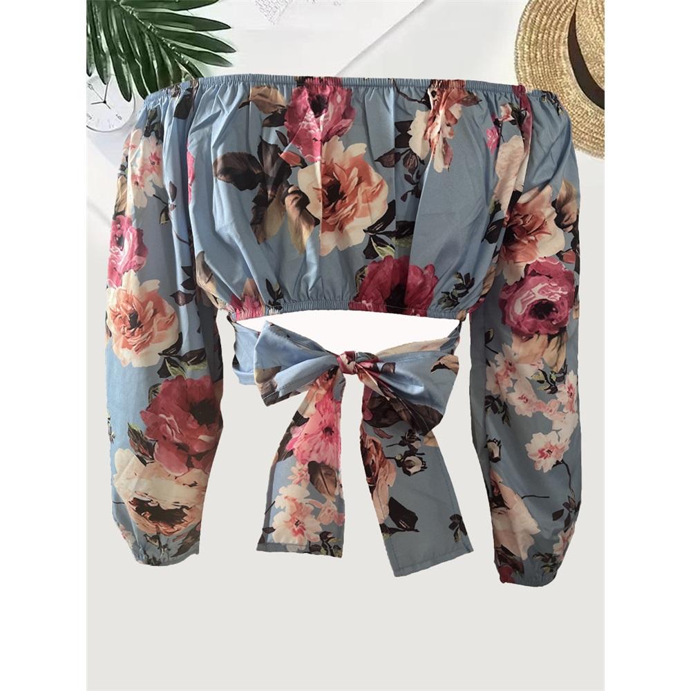 Women's long sleeves off-shoulder one-length neck lantern sleeve printed shirt