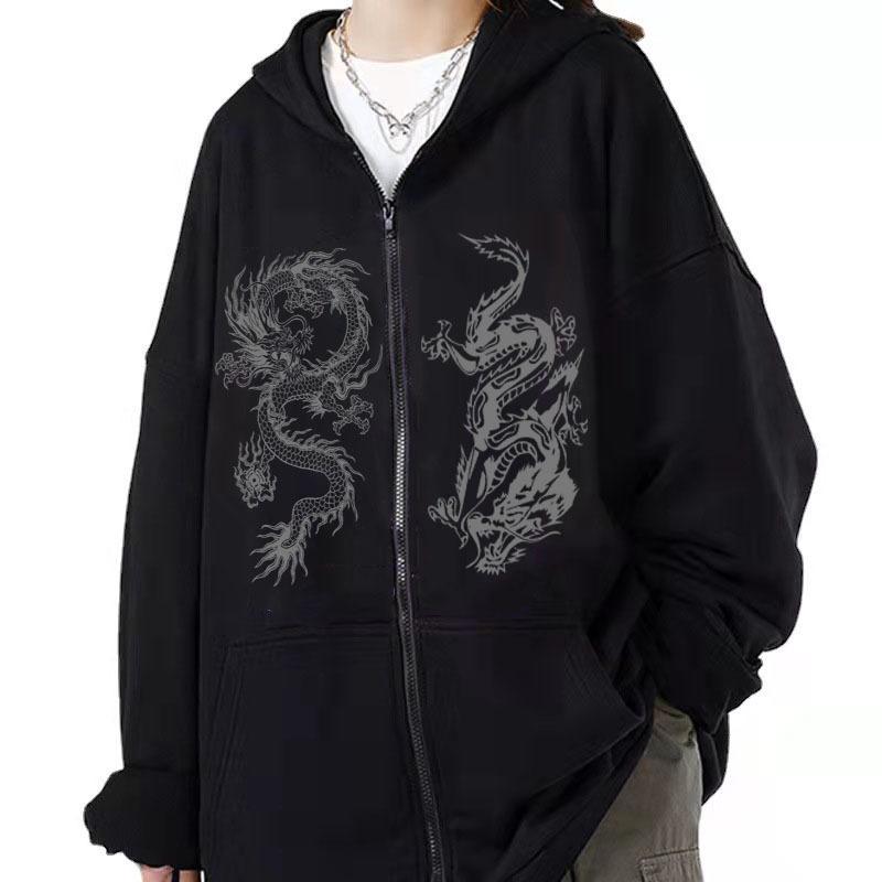 Women's Dragon Print Zipper Hoodie, 2025 European & American Trendy Loose Fleece Jacket