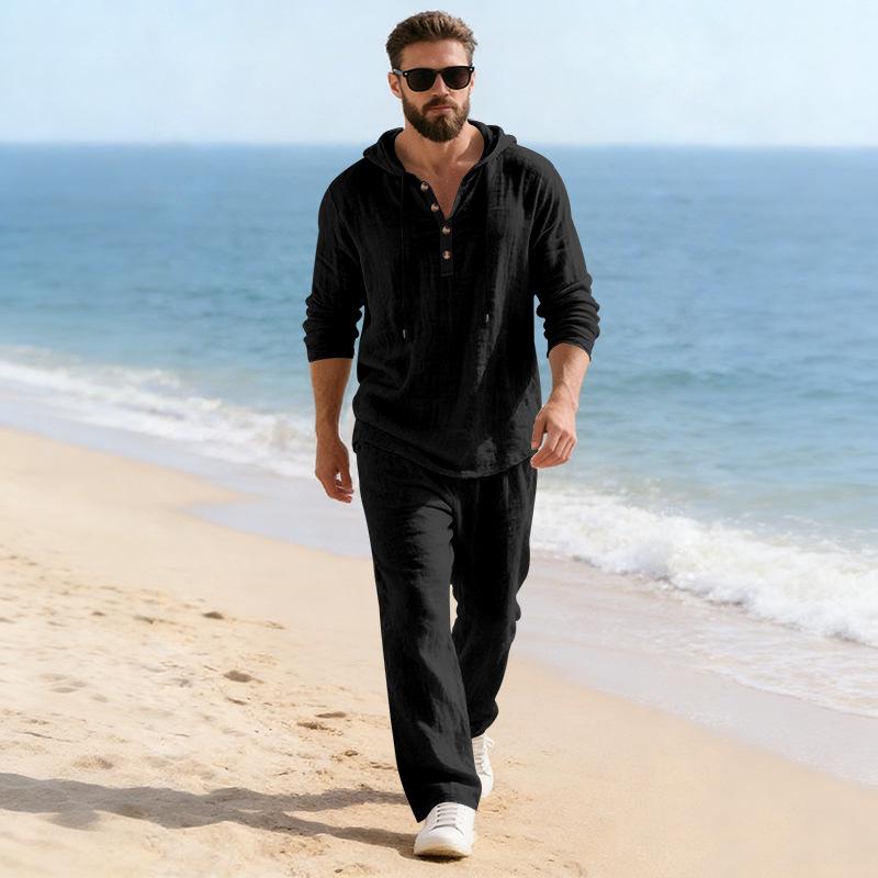 Men's Linen Hooded Long Sleeve and Pants Casual Home Wear Set - Spring/Autumn 2026 Collection