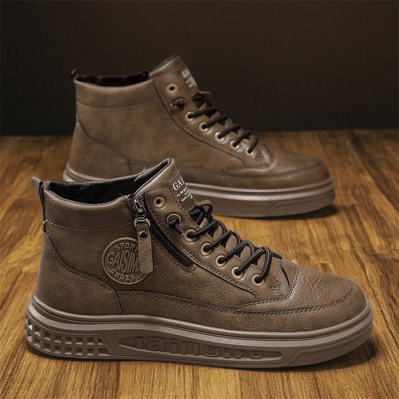 Autumn new high-top casual shoes, side zipper short board shoes, medium-top sports leather shoes