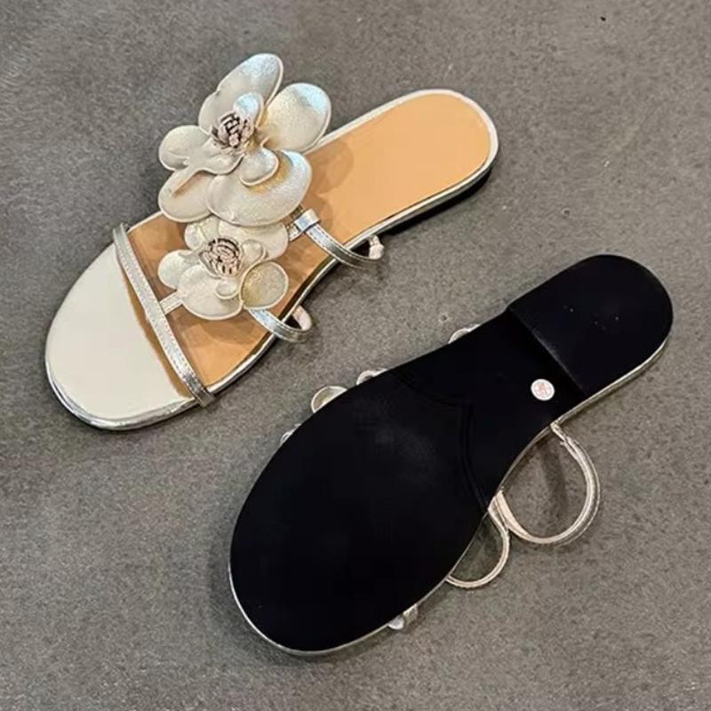 Fashion Sweet Flower Decoration Slippers Women Fashion Narrow Band Round Toe Designer Shoes Summer Open Toe Beach Sandals Zapatos Mujer