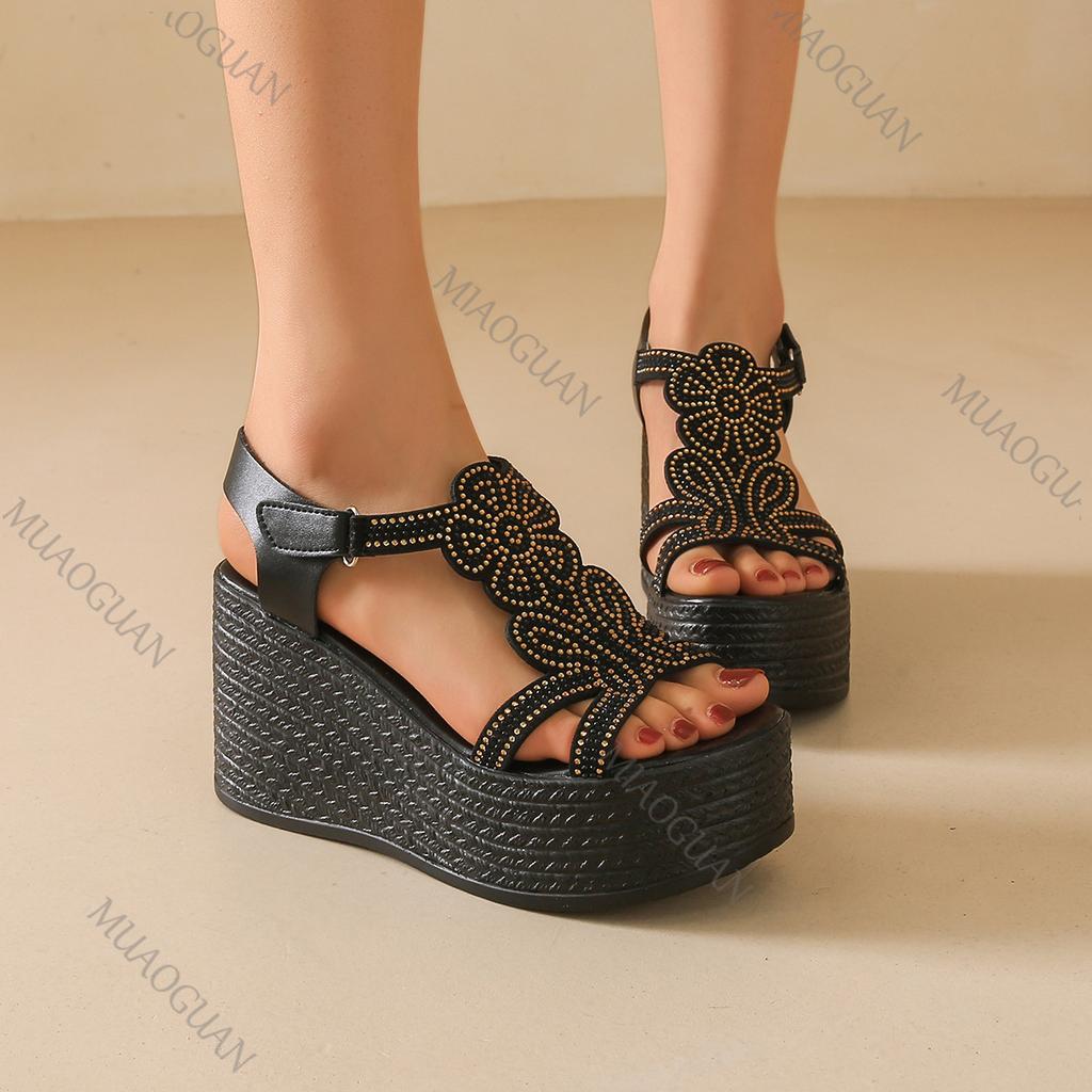 Fashion Thick Bottom Wedges Roman Sandals Women New Rhinestone High Heel Open Toe Big Size Sandales Casual Black Summer Gladiator Sandal